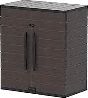 Duramax Cedargrain Short Plastic Vertical Storage Cabinet, 2 Door Cabinet with 2 Shelves, Garden Storage Cupboard, Outdoor Lockable Cabinet, Water Resistant Short Cupboard, Garden Storage Box, Brown