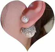 [Sither] Pearls Ear Jacket Earrings for Women Silver Crystal Front Back Earrings Pearls Double Side Earrings Jewelry for Gift, Plastic, No Gemstone
