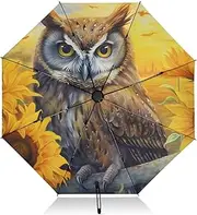 [PDZRMY] Owl Sunflower Field UV Protection Travel Umbrella Compact for Rain and Sun - Auto Open and Close UPF 50+ Windproof Portable 46” Sun Umbrella for Women and Men