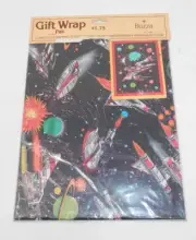 Gibson Buzza Gift Wrapping Paper w/Card • Outer Space Spaceship 2 Sheets Vintage