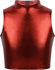 [FEESHOW] Kids Girls Shiny Metallic Mock-Neck Sports Crop Tank Top Gymnastic Bra Vest Jazz Ballet Dance Costume Red 10