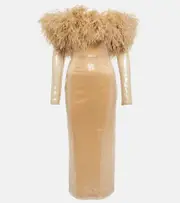 [David Koma] David Koma Feather-trimmed sequined midi dress AU 6 beige