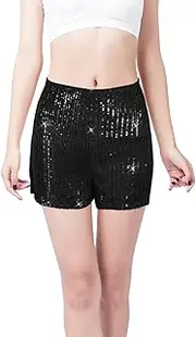 [LUTER] Glitter Party Shorts, Solid Sequin Party Shorts High Waist Elastic Black Shorts for Women Eras Tour Outfits Straight