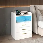 Ufurniture Nightstand with Charging Station, 16 Colors LED Bedside Table with USB Ports and Outlets, End Table with 3 Drawers and Storage Shelf, Small Dresser for Small Space, White