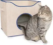 Cat Cube Pet Bed Indoor House for Cats Small Dogs Flatpack Easy to Assemble has a Dark Blue Trim 2 Soft Toys Included a Mouse and Ball from Paton Pets Australia