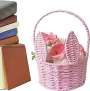 Woven Easter Basket with Handle - Easter Bunny Woven Basket | Handmade Lightweight Decor for Living Room Bedroom Picnic Candy Party Home Holiday