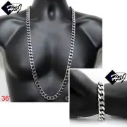 36"Stainless Steel HEAVY WIDE 11mm Silver Cuban Curb Chain Necklace Bracelet SET