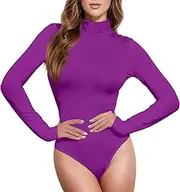 [Caihoyu] Purple Solid Color Pure Plain long sleeve Tank Top Bodysuits for Women Leotard Tank Top Sexy Tops for Women Going Out Mock Turtle Neck, Color 3, Large
