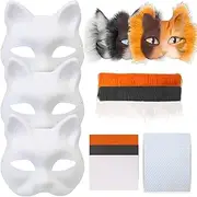 3Set Therian Mask Kit with Felt Fabric Eye Mesh False Wool Half Face Cat Mask Elastic Funny DIY Furry Mask Party Decoration Therian Mask Kit, Cat Mask, Furry Mask, White Cat Mask, Therian Mask-