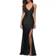 La Femme Cross Back Satin Jersey Trumpet Gown in Black at Nordstrom, Size 2