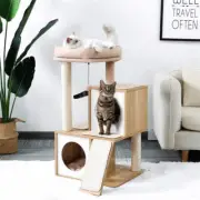 130CM Wooden Cat Tree with Condos, Perch, Hammock, and Play Ball