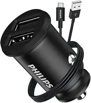 Philips Dual USB-A Port Mobile Phone Car Travel Charger w/ Type-C Cable Black