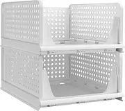 Set of 2 Stackable Closet Wardrobe Storage Box Organizer (Easy Open and Folding), Plastic White Wardrobe Shelves Closet Organiser Box, Pull Out Like a Drawer, Suitable for Home, Bedroom, Kitchen