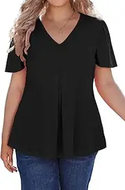 [D.Q.RZhong] Women's Plus Size Tunic Tops Summer Short Sleeve V Neck Ruffle Blouse Pleated Casual Flowy Swing T Shirt