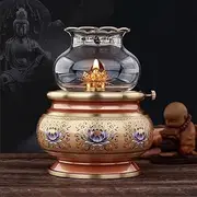 Indoor Oil Lamp, Split Pure Copper Oil Lamp with Glass Lampshade, Oil Lamp with Adjustable Flame, Portable Worship Lamp, Vintage Temple Lamp, Antique Candle,L