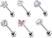 [Niaspi] 6pc Mixed Shapes Surgical Steel CZ Tongue Rings; Sparkling Round Heart Flower Pink Butterfly; Stainless Steel, CZ Stones; 0.0015g Each; 1" Chain Length
