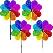 Outdoor Wind Spinner,Yard Decoration Pinwheel - Colorful Rainbow Sparkling Pinwheel, Set of 4 Flower Shape Yard Windmill for Lawn Decoration