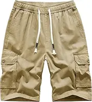 [Generic] Mens Big and Tall Cargo Shorts Elastic Waistband Drawstring Cotton Summer Hiking Camping Jogging Casual Work Shorts Khaki