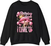 [Generic] Birthday Queen I Don't Get Older I Level Up Lip Balloon Crown Sweatshirt for Adults Crew Neck Long Sleeve Pullover