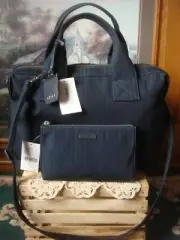 NWT~ DKNY NAVY BLUE PINSTRIPE NYLON CANVAS WEEKEND TOTE BAG & POUCH ~$145 & $75