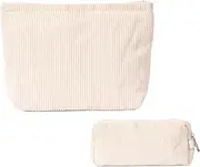 2 Pcs Makeup Bag Corduroy Cosmetic Bag,Cosmetic Bags for Women Makeup Bag Large Capacity Purse Travel Toiletry Zipper Storage Pouch (2pcs, Beige)