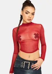 Burn My Jewels On Sheer Mock Neck Crop Top