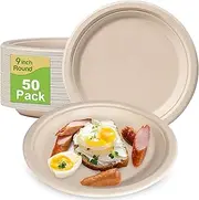 WOYAODONG 50Pack Disposable Paper Plates，9 Inch 100% Compostable Biodegradable Plates，Natural Unbleached Brown Plates