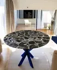 Black Agate Stone Round Coffee Table Handmade Kitchen Slab Console Bar Desk