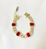 925 Silver Cuban Link Bracelet with Gold Plating and Red/White Cubic Zirconia