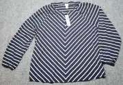 Chicos Peasant Blouse Womens 2 Blue Striped Long Sleeve Notch Neck Stretch New