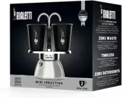 Bialetti Mini Express Induction + 2 Black Coffee Cups Stove Top Moka Pot 2 Cup
