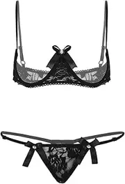 [GRRKDFQ] Women's Bustiers & Corsets See Through Lace Underwired Open Breast Bra with G-String
