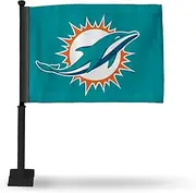 Rico Industries NFL Football Miami Dolphins Primary Double Sided Car Flag with Black Pole - 16" x 19" - Strong Pole That Hooks onto Car/Truck/Automobile