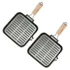NNEAGS 2X 28cm Ribbed Cast Iron Square Steak Frying Grill Skillet Pan with Foldi