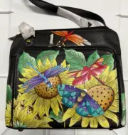 ANUSCHKA TUSCAN PARADISE BLACK HAND PAINTED LEATHER CROSSBODY PURSE - NWT