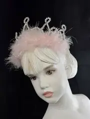 Tiara Crown Tiara Flower Girl Tiara Silver Pink Feather - Fits Kids & Adults