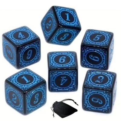 Set (6) 16mm 6-Sided D6 Black Dice Blue Numbered 1-6 + Storage Pouch
