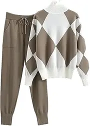 [Generic] Women Geomatric Sweater Suits Sets Winter Thick Soft Knitted Sets Pullovers Long Pant Casual Track Suits
