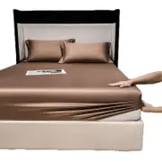 Catzon Soft Luxury Silky Satin Bed Sheets Pillowcase 3 Piece Set Bedding-Toffee