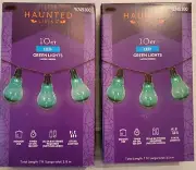 2x Haunted Living 10 Ct Green Edison Style Battery String Lights Halloween LED