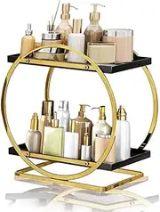 2 Tier Perfume Organizer, Makeup Storage Skincare Shelf, Black Gold Perfume Organizer for Dresser, Bathroom Countertop Organizer, Make Up Counter Shelf Perfume Holder Rack Cosmetic Display Tray
