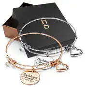 Boxed She Believed She Could Heart Heart Love Charm Toggle Bangle Set in Rose Gold and White Gold Plated