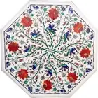 White Marble End Table Top with Decent Look Gemstone Inlay Work Coffee Table Top
