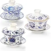 Cididu Set of 3 Chinese Tea Cups with Lid and Saucer, 10oz Large Porcelain Gaiwan Tea Mug Set, Handmade Tea Bowl, Traditional Chinese Ceramic Teaware Tea Brewing System for Home Office Kitchen