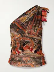 [Isabel Marant] Isabel Marant - Devona One-shoulder Fringed Wrap-effect Paisley-print Mesh Tank - Burgundy - FR 36 FR 36 Burgundy