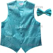 New Polyester Men's paisley formal Tuxedo Vest Waistcoat_Bowtie Turquoise blue