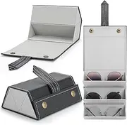 [Aubeco] Travel Sunglasses Organizer, Portable 3-Slot Foldable Eyeglass Case, Hanging PU Leather Storage Box for Sunglasses, Black