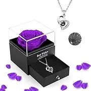Preserved Real Rose with I Love You Necklace Handmade Eternal Flowers Rose Gifts Set for Her Woman Wife Girlfriend Mother on Valentines Mother's Day Anniversary Birthday Romantic Gifts (Purple Flower)