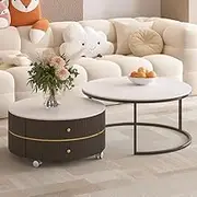 Set of 2 Coffee Tables with Pulleys, Side End Tables, Square Nest of Tables for Living Room, Bedroom, Multi-Functional, Double Drawer (Color : White, Size : 70cm)