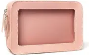 FFpaw Clear Makeup Bag Organizer, TSA Approved Portable Travel Toiletry Bag Multipurpose Cosmetic Bag Case for Women Vegan Leather Make Up Pouch Transparent Vinyl Windows, Pink C, Travel Toiletry Bag